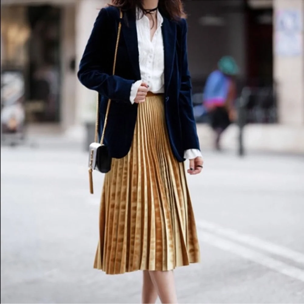 Chelsea28 Marigold Velvet Midi Skirt Pleated A-Line Boho Women’s L